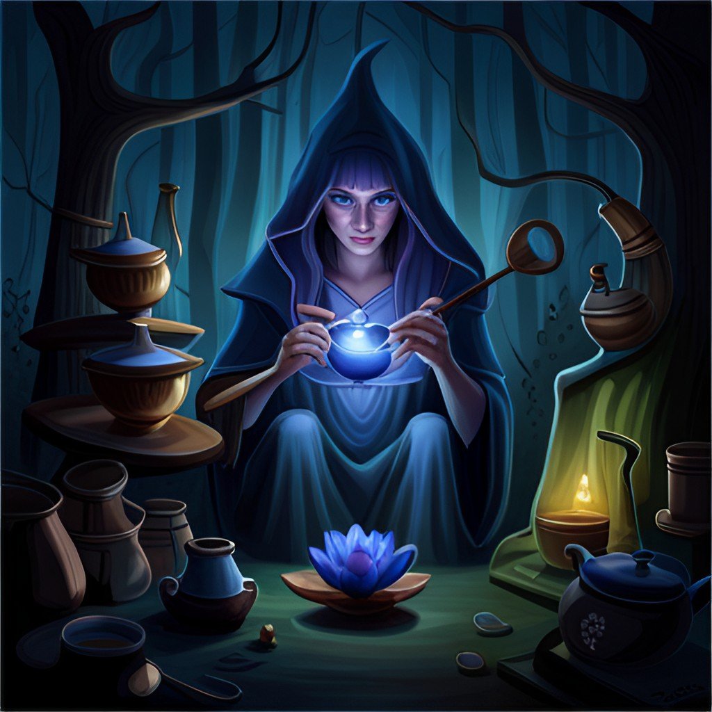 witch with blue lily flower